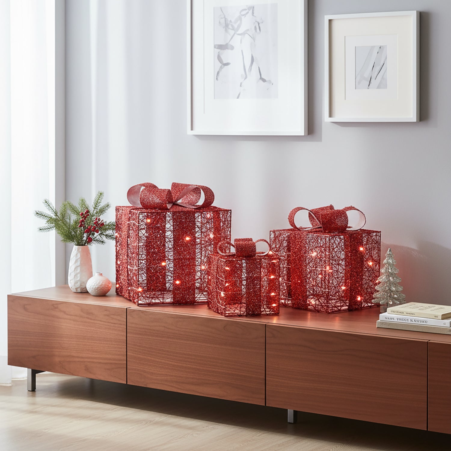 DICTROLUX - Set Pacchi Regalo Luminosi Rossi 60 MicroLED Bianco Caldo